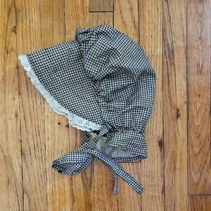 Gingham Checkered Bonnet with Lace Trim